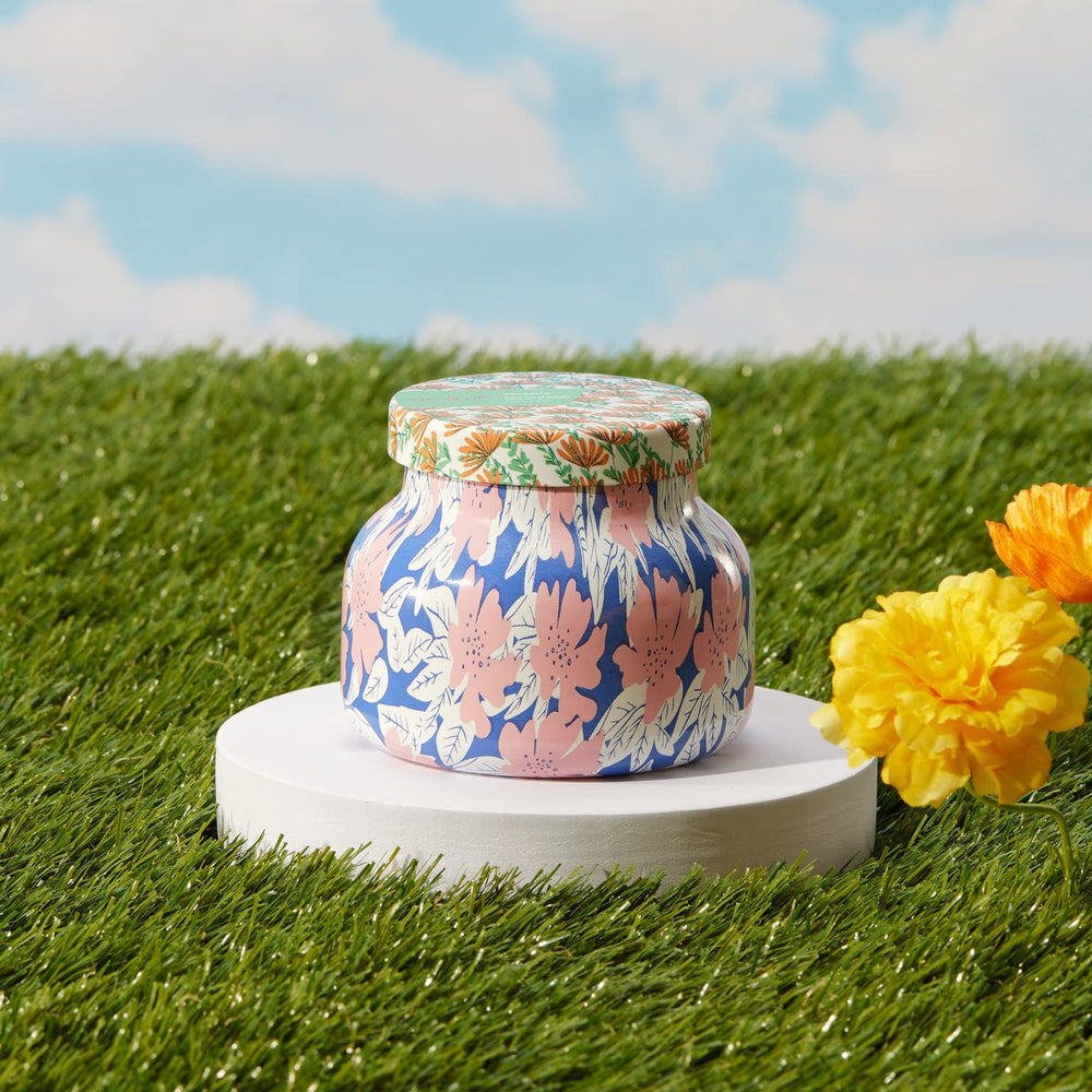 Capri Blue Pattern Play floral pattern on jar enhances tropical mood and brightens any room.