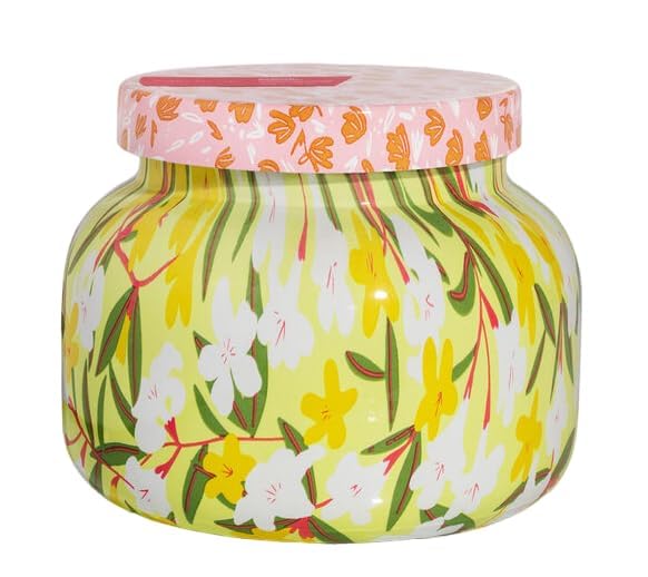 Capri Blue Pattern Play jar candle in Aloha Orchid creates vibrant, long-lasting fragrance.