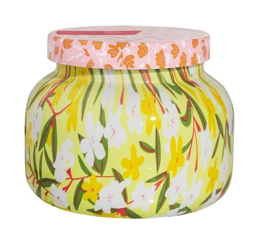 Capri Blue Pattern Play jar candle in Aloha Orchid creates vibrant, long-lasting fragrance.
