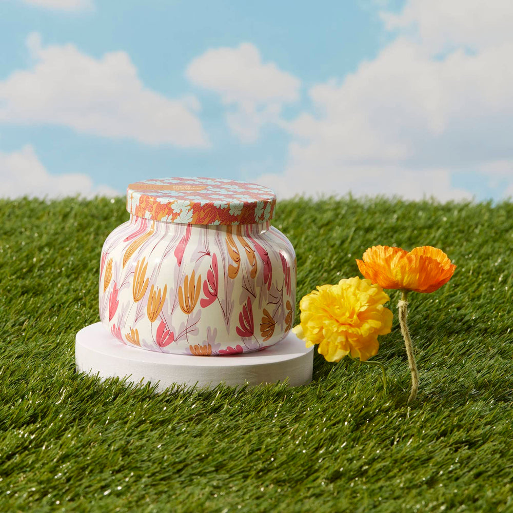 Capri Blue Pineapple Flower Pattern Play candle brightens rooms with uplifting fruit scent.