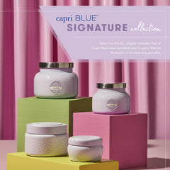 Capri Blue Volcano lavender jar label close-up, premium soy wax blend for clean burn.