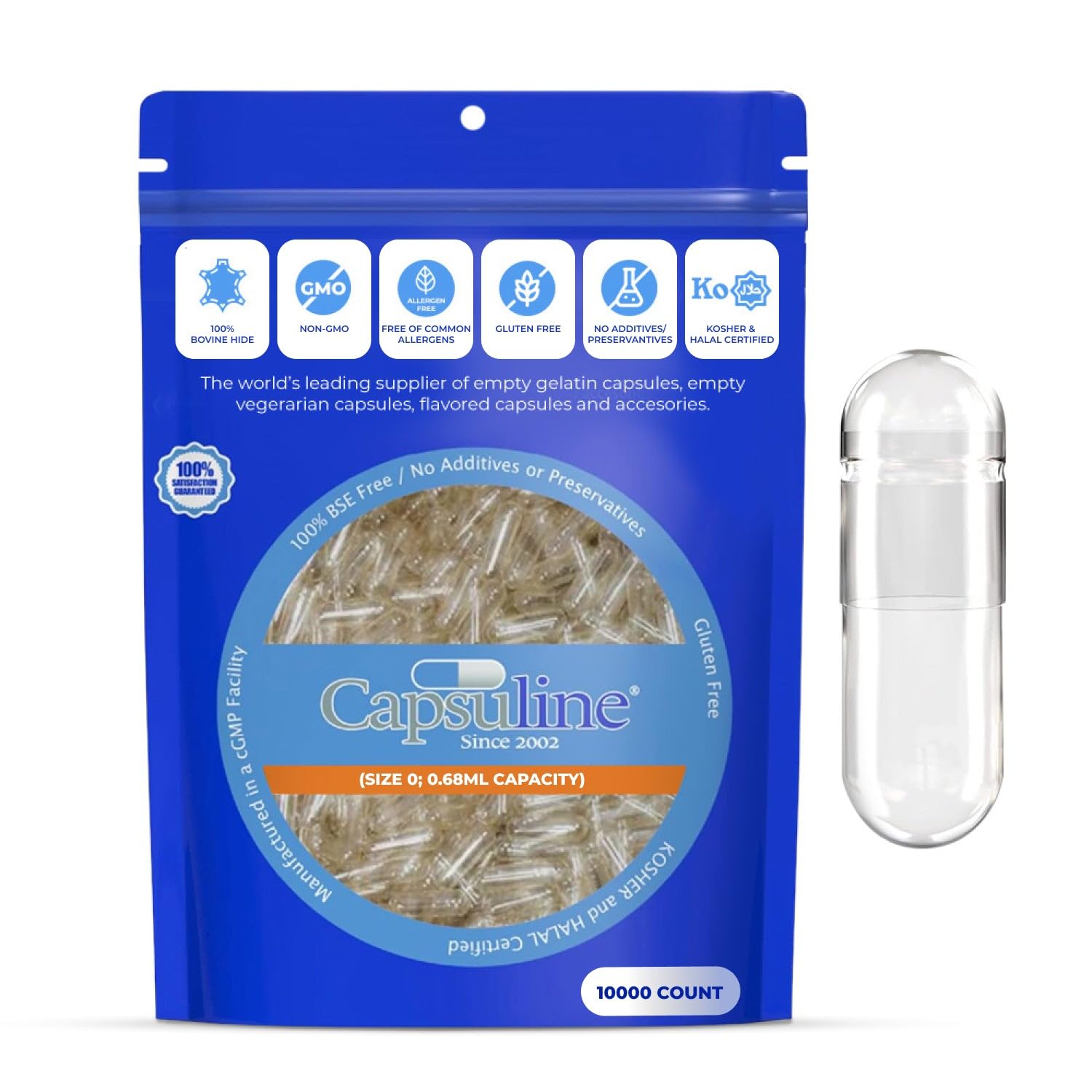 Capsuline size 0 empty capsules in clear view, ideal for DIY supplementation.
