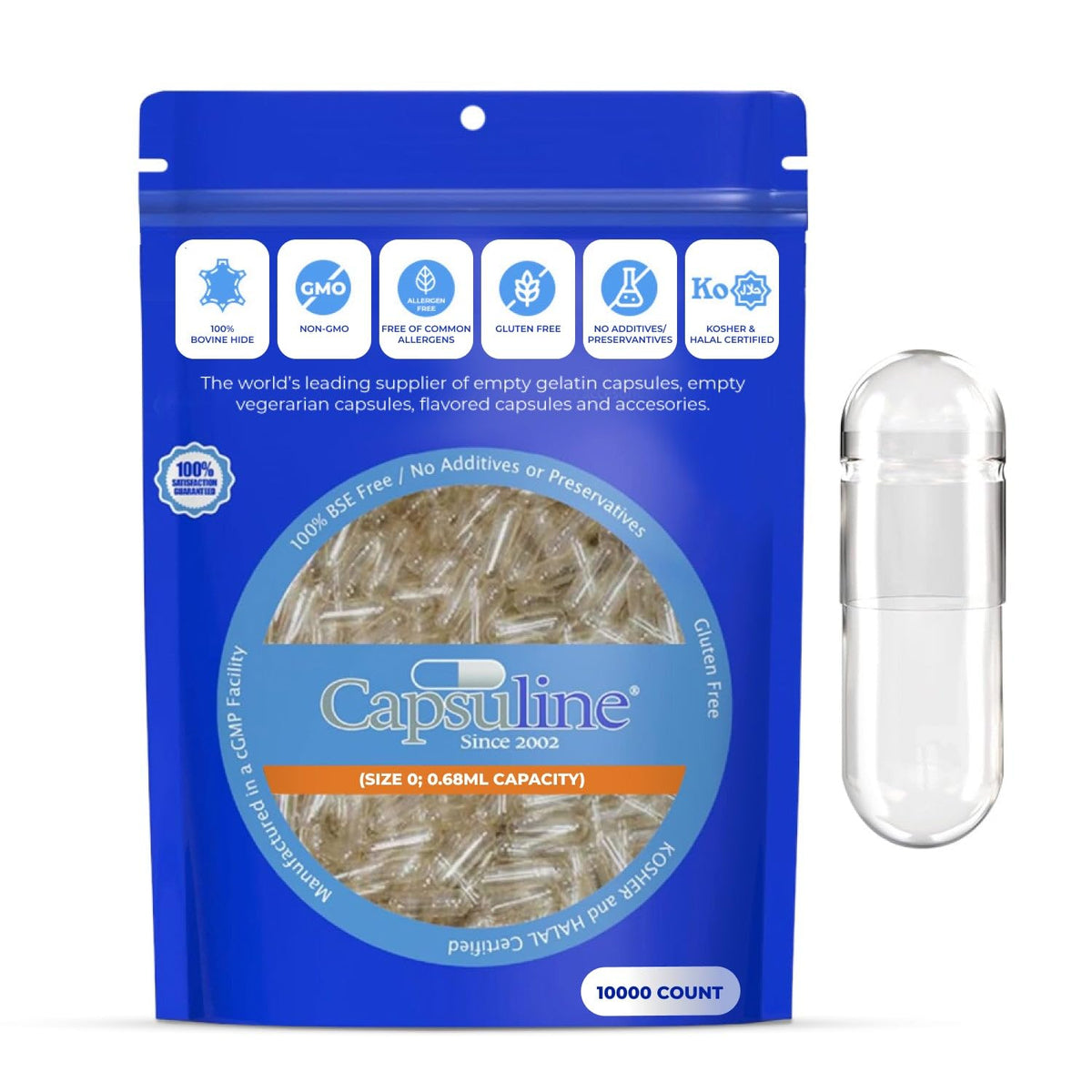 Capsuline size 0 empty capsules in clear view, ideal for DIY supplementation.