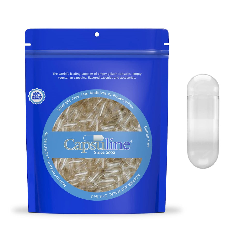 Capsuline Size 000 gelatin capsules in bulk pack for DIY supplements.