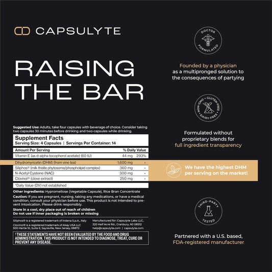 CAPSULYTE Pregame bottle back view highlighting ingredients and dosage information