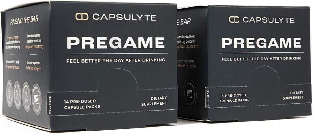 CAPSULYTE Pregame bottle with capsules ready to take before celebrations for smoother mornings.