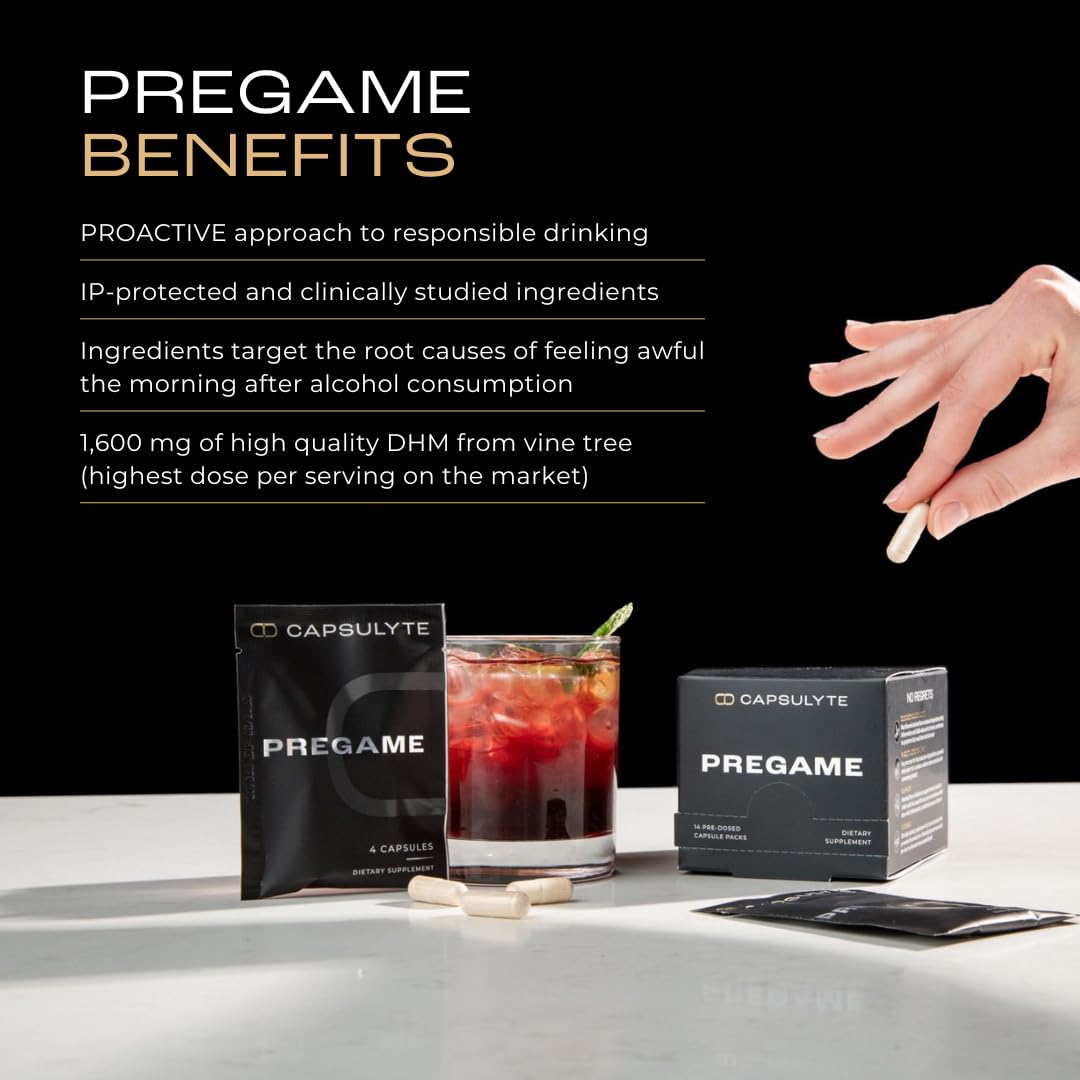 CAPSULYTE Pregame dosed packaging displaying 14 doses in a 56 capsule bottle
