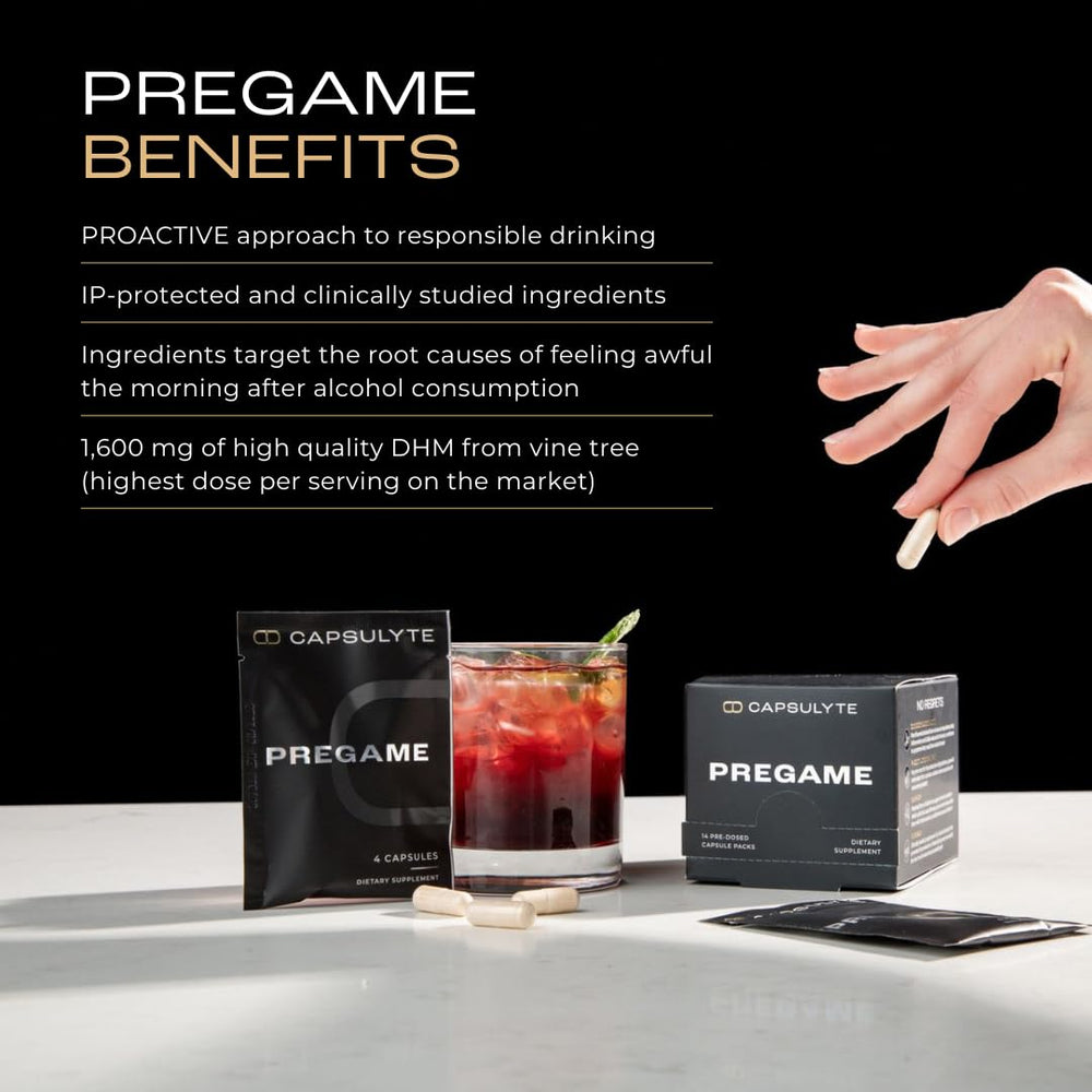 CAPSULYTE Pregame dosed packaging displaying 14 doses in a 56 capsule bottle