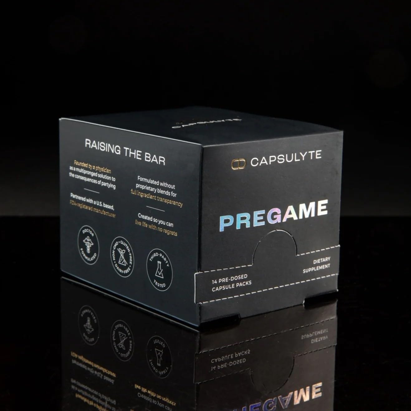 CAPSULYTE Pregame packets arranged on a nightstand for ready-to-use evenings.