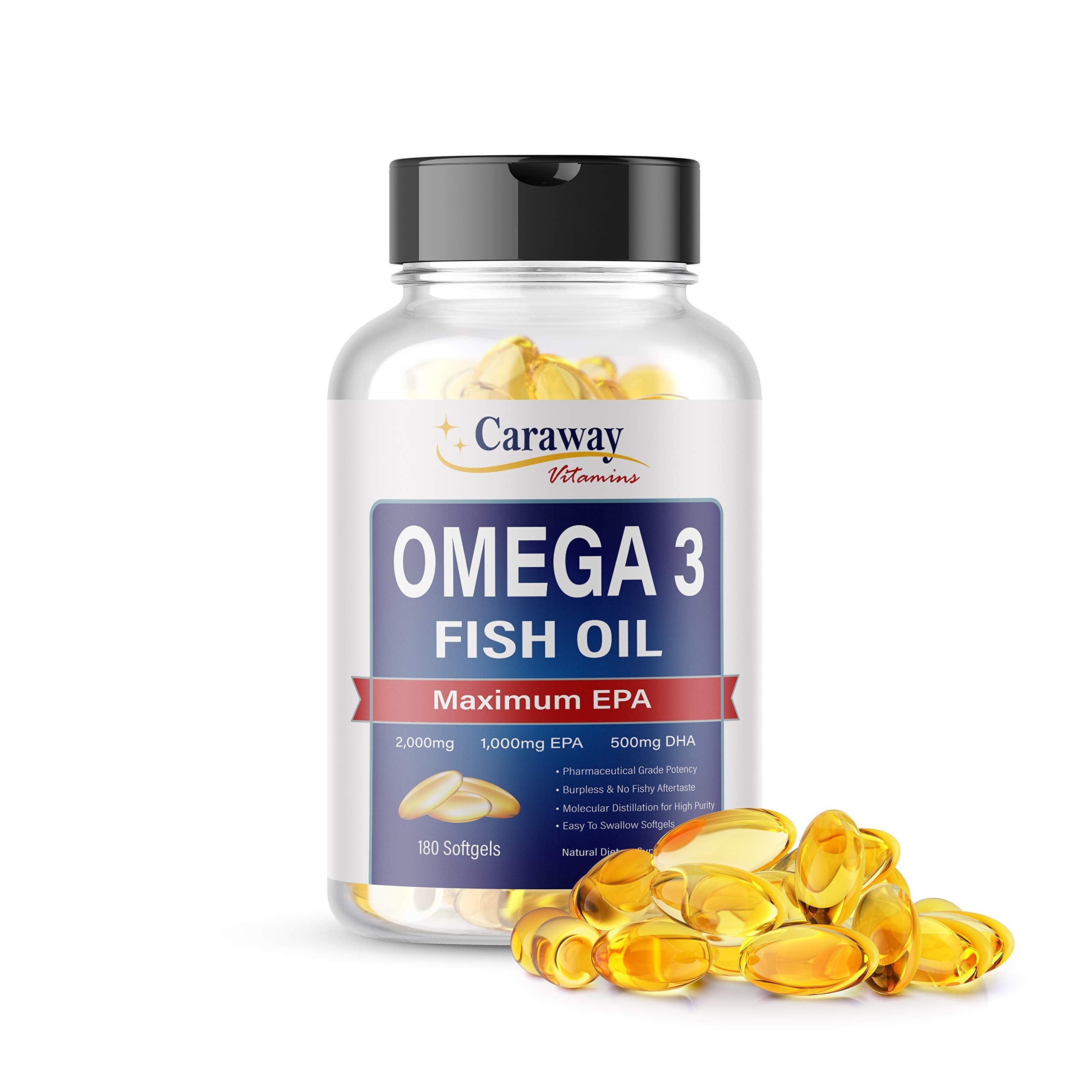 Caraway Vitamins Omega-3 bottle for daily wellness with 180 softgels.