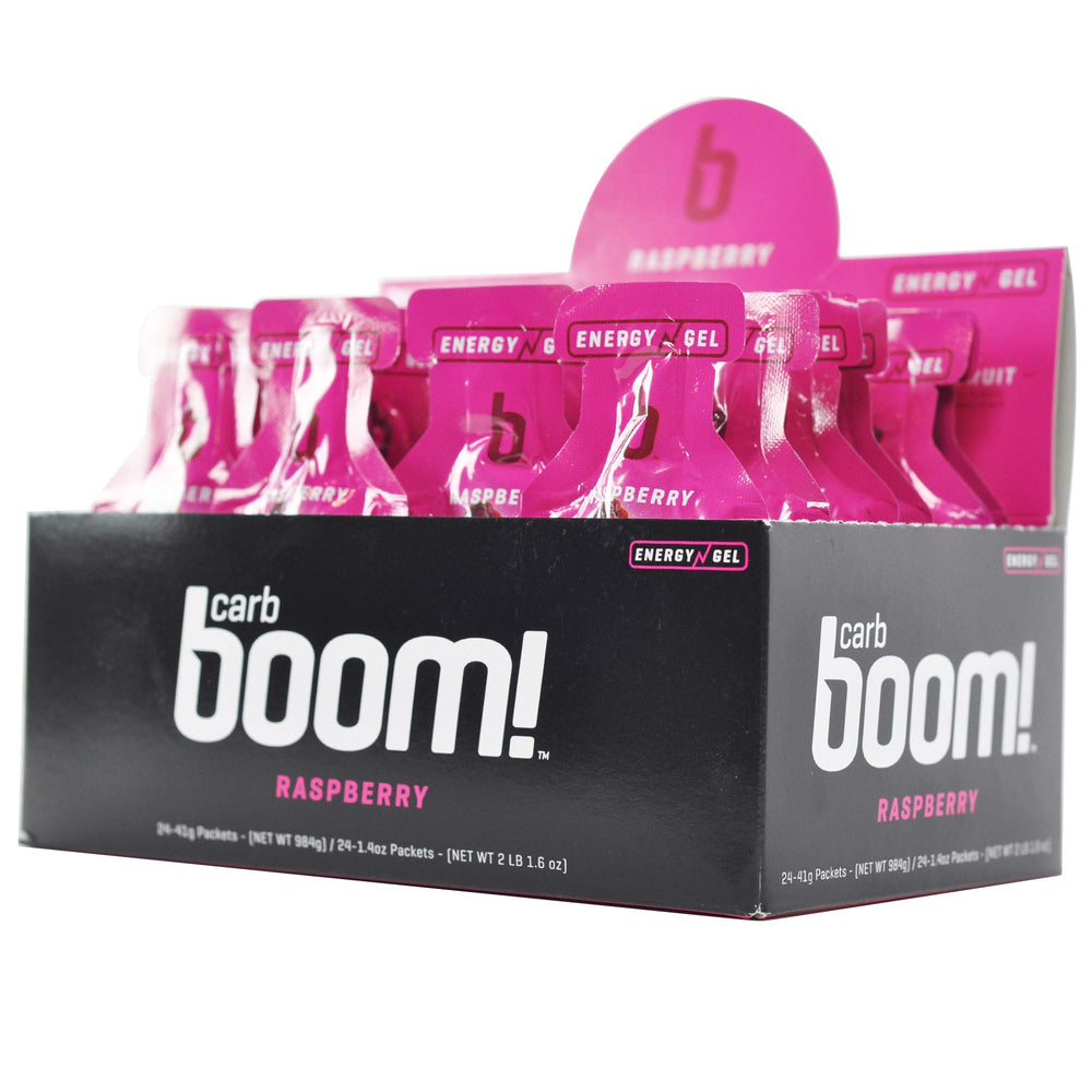 Carb Boom Raspberry gel texture macro showing easy-to-eat consistency for long rides.