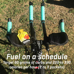 Carb Boom Energy Gel Raspberry finishing at the finish line with empty pack.