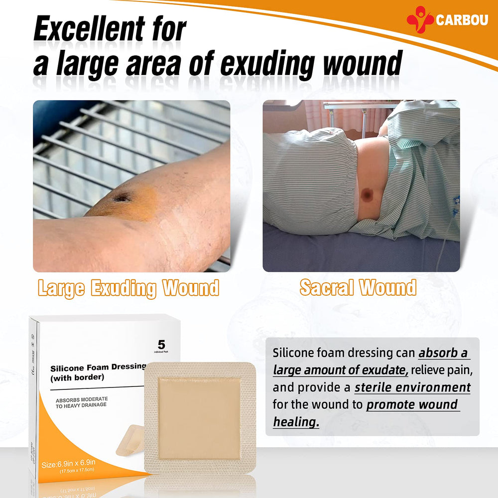 CARBOU silicone foam dressing with adhesive border for secure, painless changes.