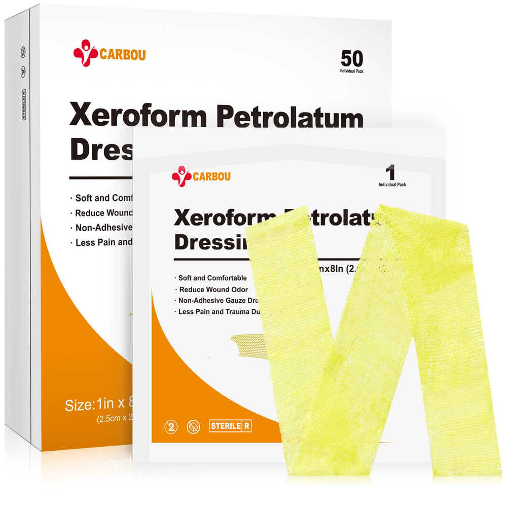 CARBOU Xeroform 1x8 dressing supports moist wound environment and gentle removal.