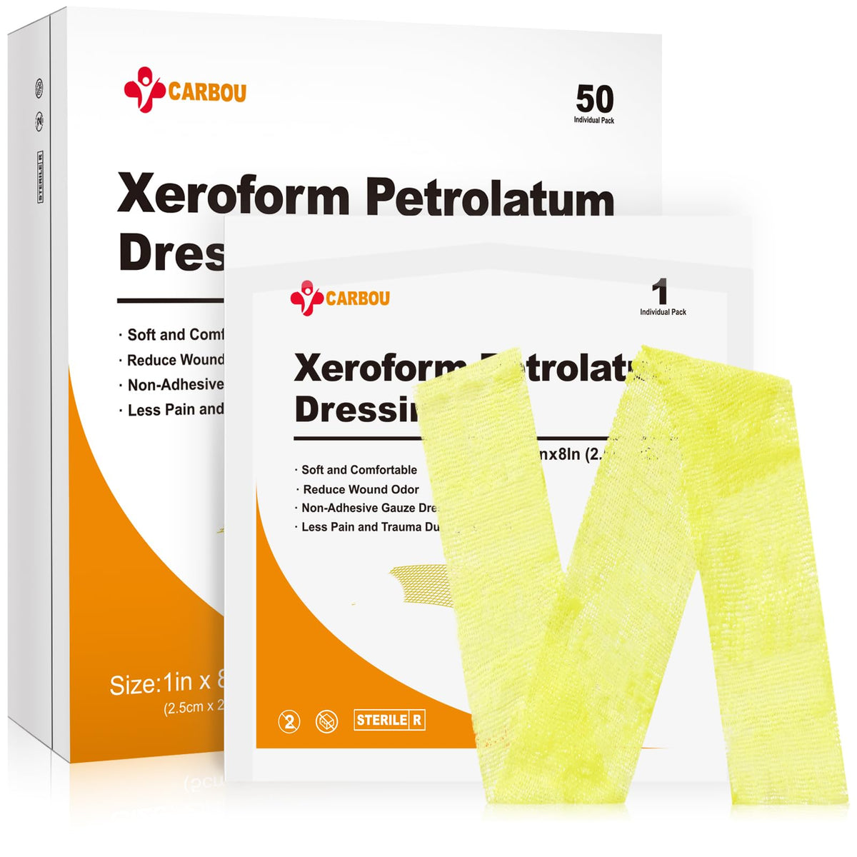 CARBOU Xeroform 1x8 dressing supports moist wound environment and gentle removal.