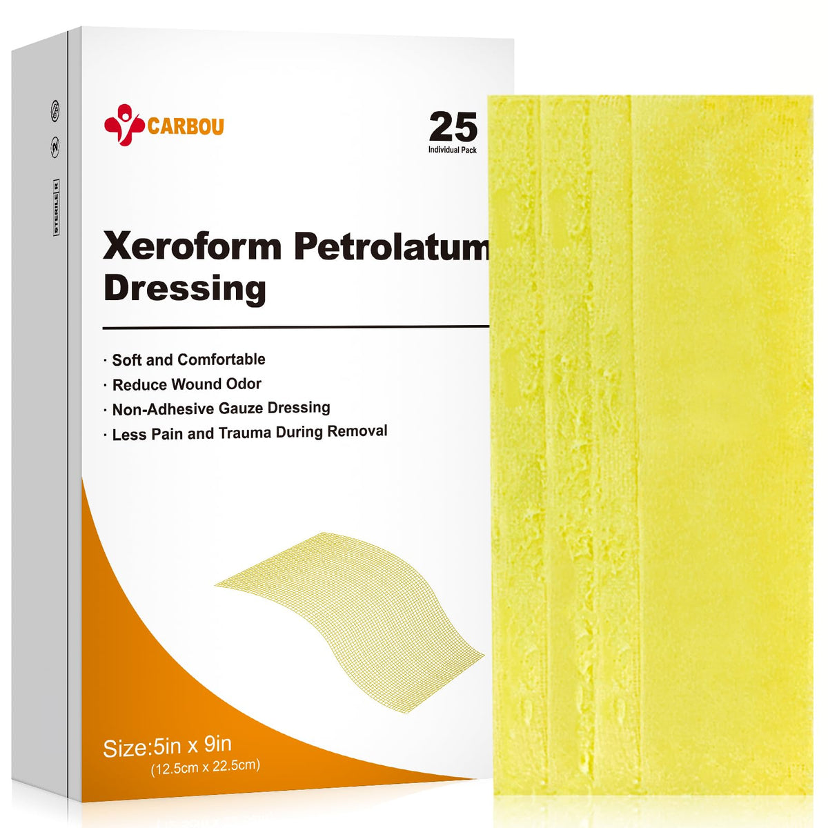 Carbou Xeroform dressing 5x9 sterile pack for quick, clean wound care.