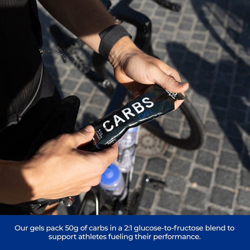 Carbs Fuel caffeinated energy gel during cycling image suggests sustained caffeine boost.