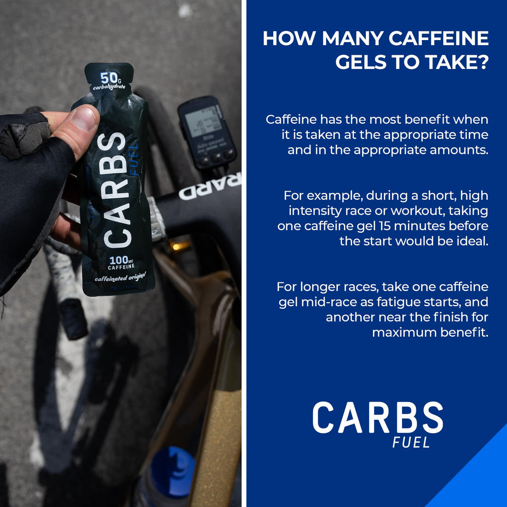 Carbs Fuel caffeinated energy gel ingredients list emphasizes vegan, gluten-free formula.