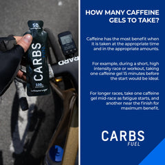 Carbs Fuel caffeinated energy gel ingredients list emphasizes vegan, gluten-free formula.
