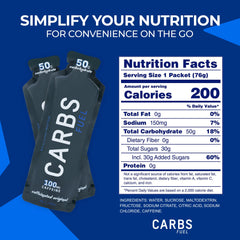 Carbs Fuel caffeinated energy gel pack-back demonstrates 12-pack value.