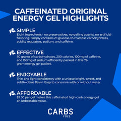 Carbs Fuel caffeinated energy gel pack-open shows individual sachets for easy access.