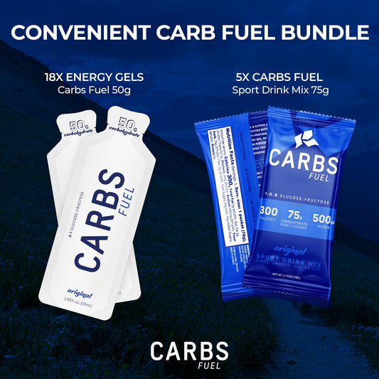 Carbs Fuel energy gel being squeezed to deliver steady 50g carbs during training.