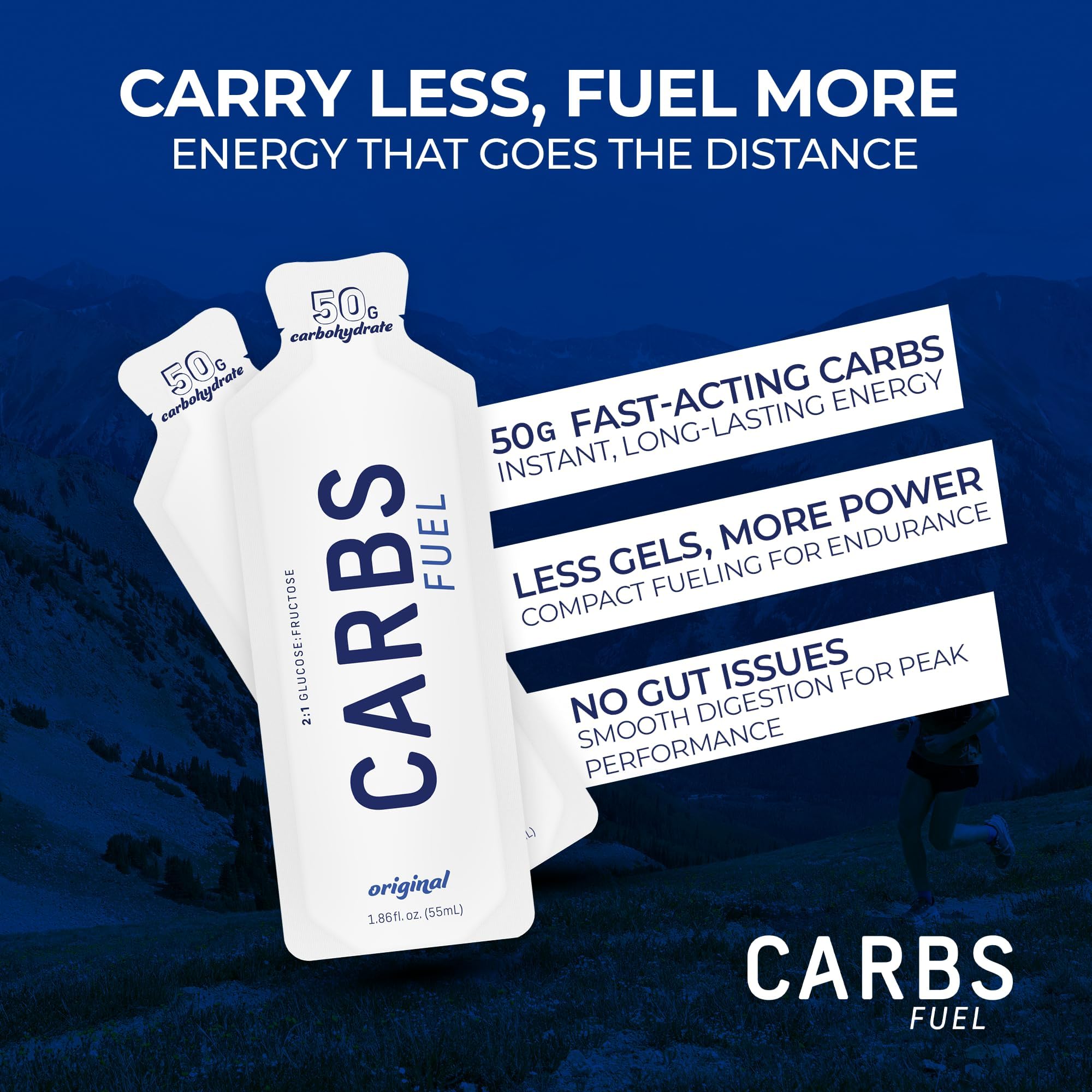 Carbs Fuel Original Energy Gel 55ml label shows 2:1 glucose-fructose blend