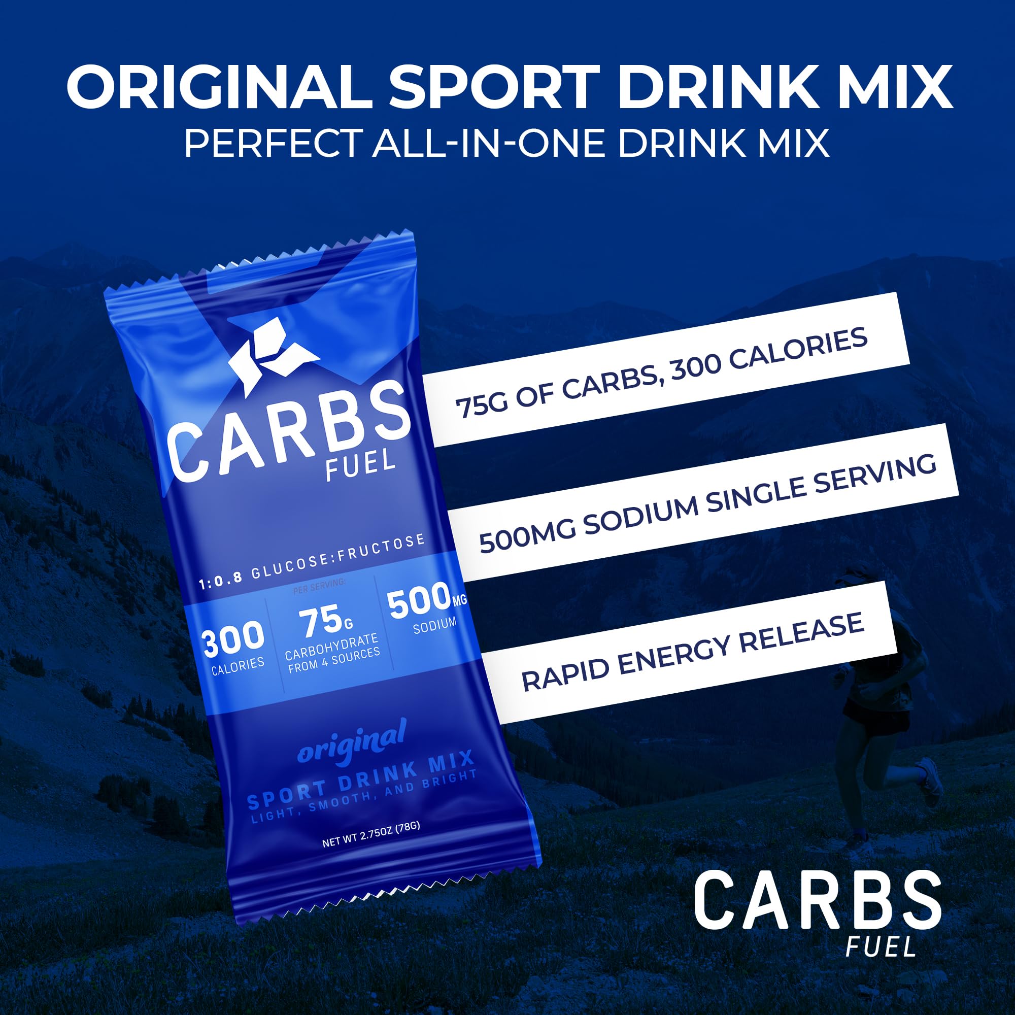 Carbs Fuel sport drink mix sachet ready to mix for 75g carbs during workouts.