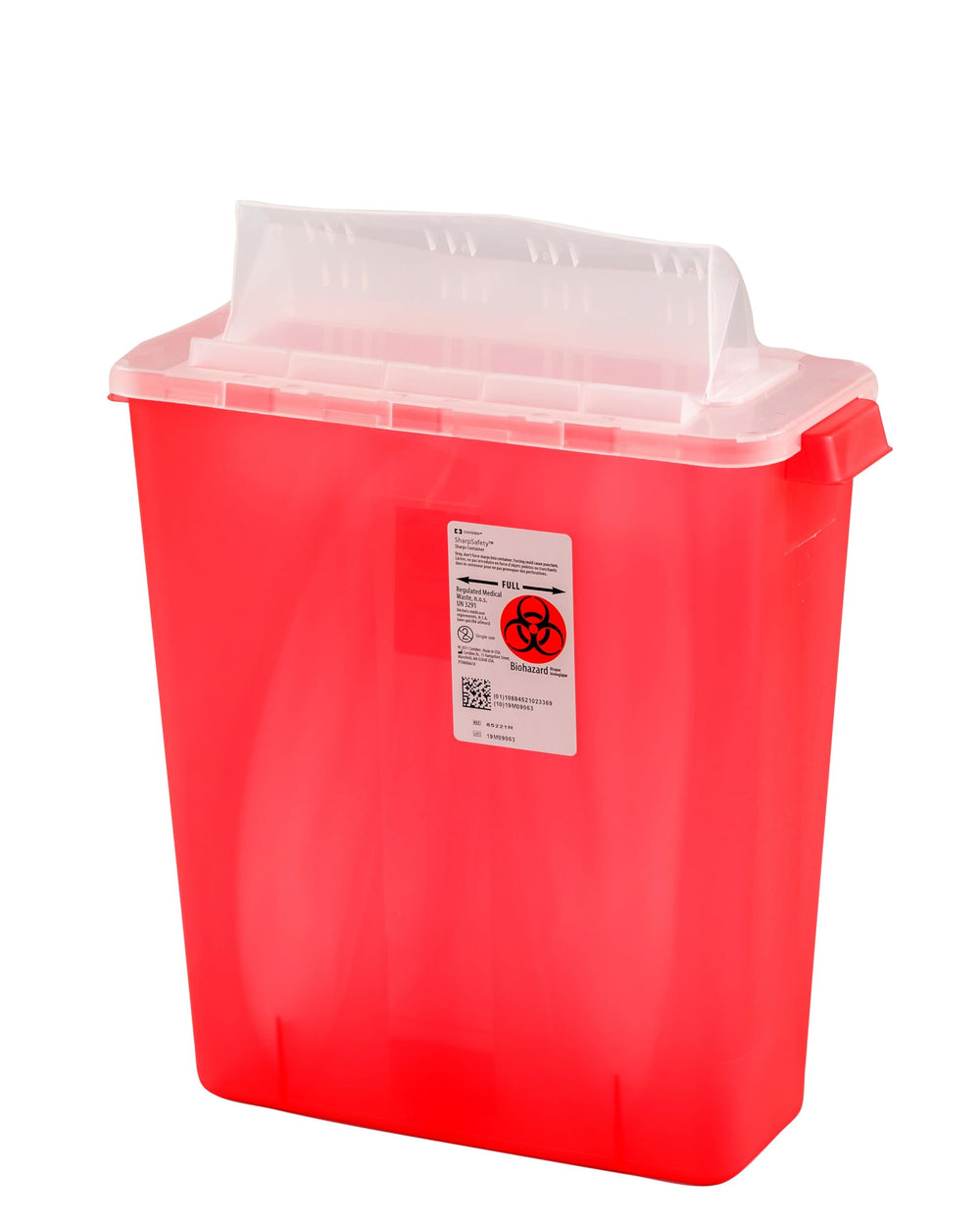 Cardinal Health Monoject Always-Open Sharps Container in transparent red, 3-gallon, easy disposal