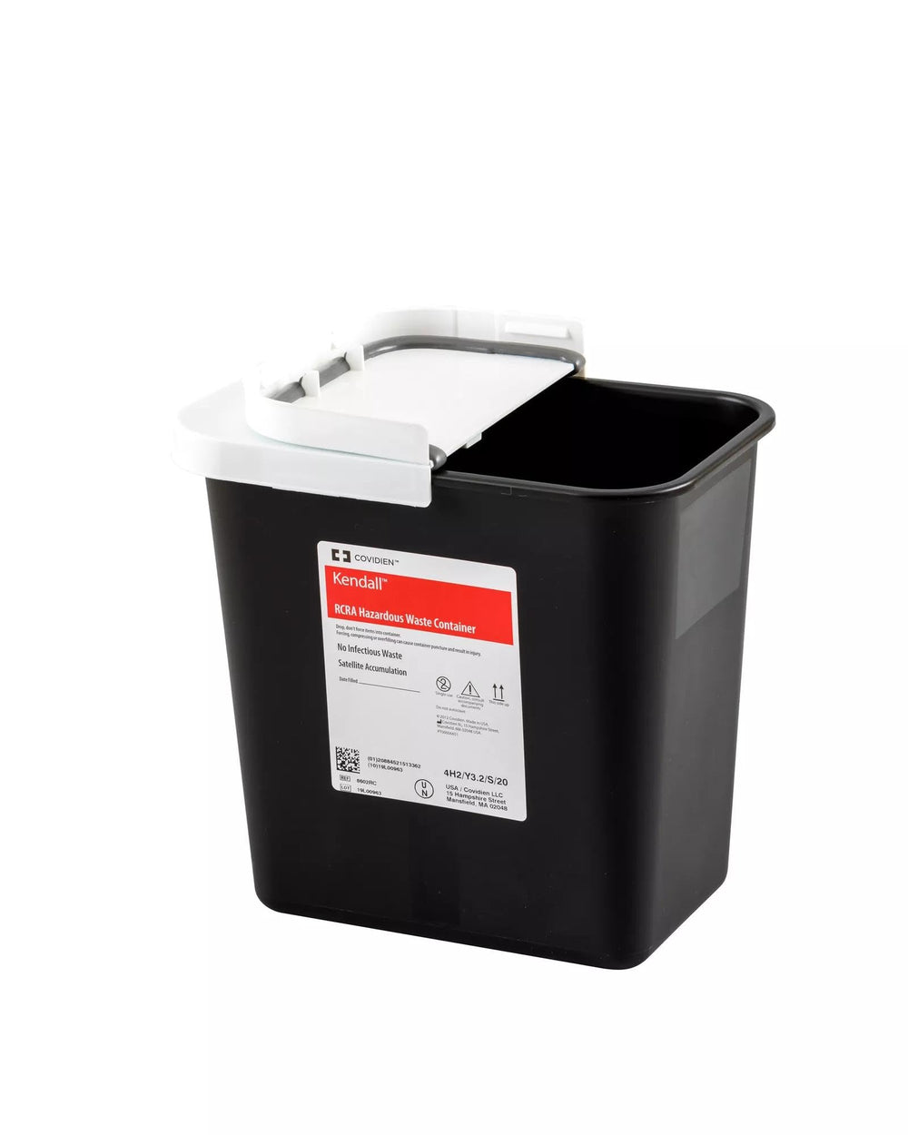 Cardinal Health SharpSafety RCRA waste container with hinged lid for secure hazardous waste disposal.