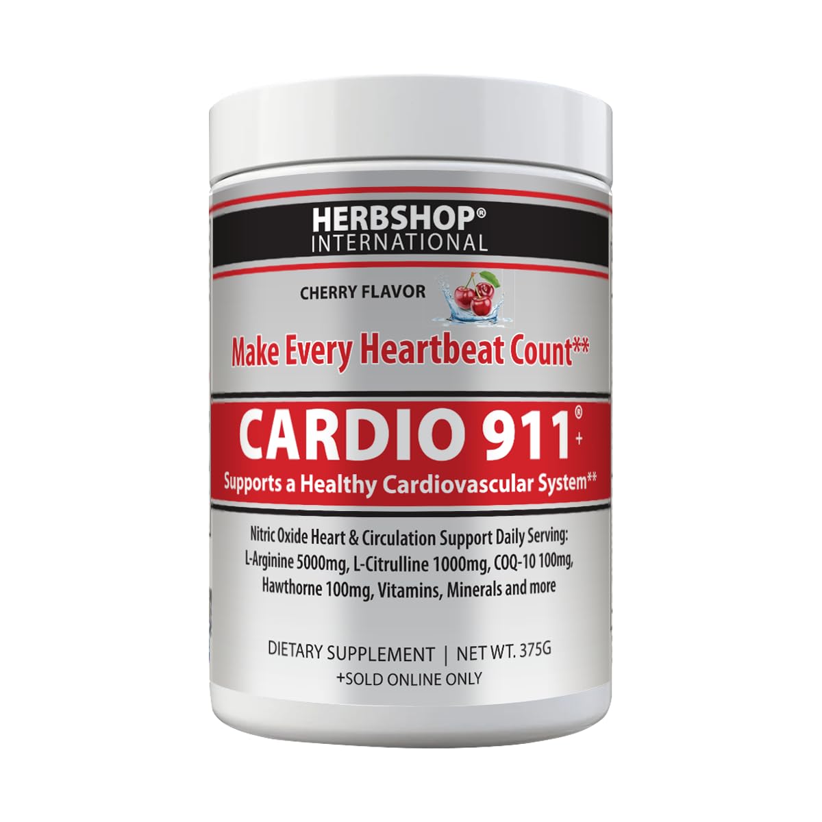 Cardio 911 Nitric Oxide bottle detail showing enhanced blood flow support.