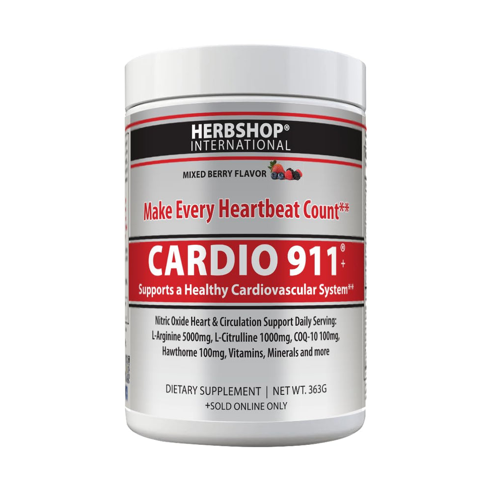 Cardio 911 Nitric Oxide powder bottle supports healthy blood flow.