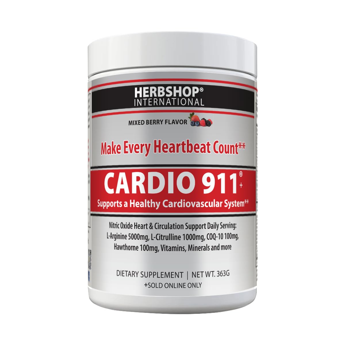 Cardio 911 Nitric Oxide powder bottle supports healthy blood flow.
