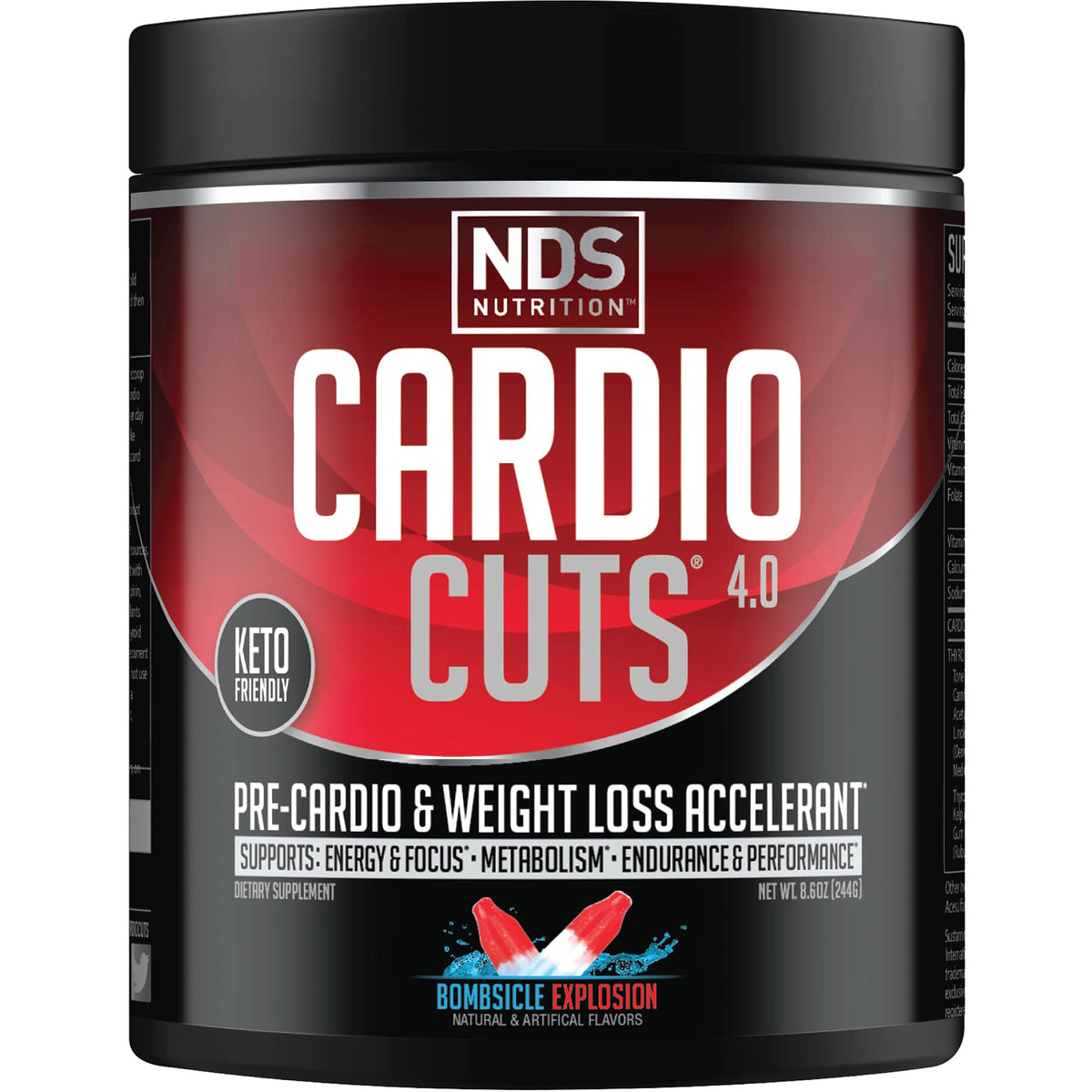 Cardio Cuts Bombsicle tub front displays a keto-ready pre-workout option for energy.