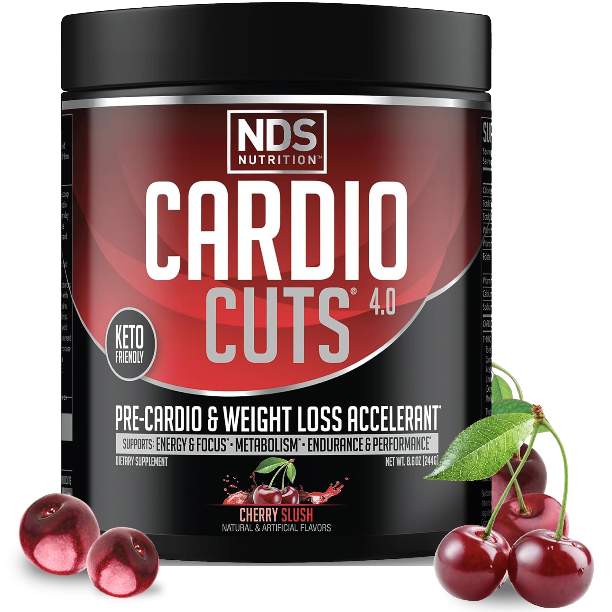 Cardio Cuts Cherry Slush bottle on a counter ready for workout energy boost.
