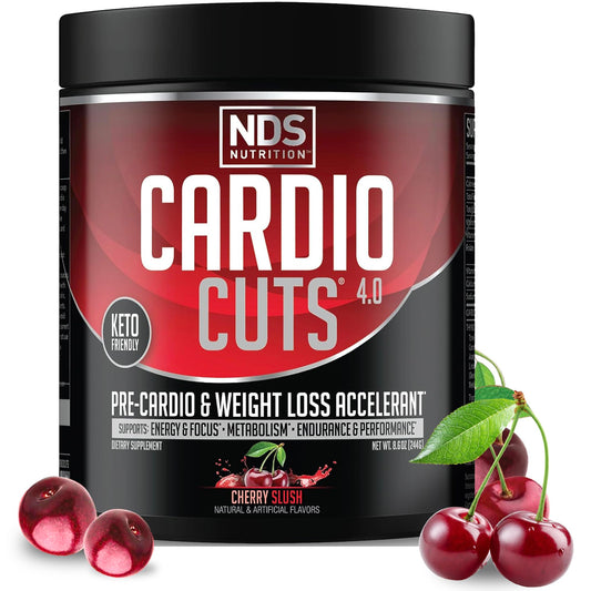 Cardio Cuts Cherry Slush bottle on a counter ready for workout energy boost.