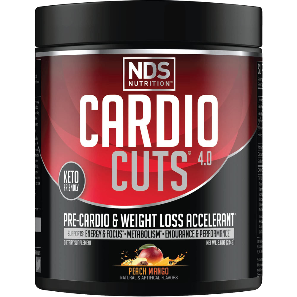 Cardio Cuts Peach Mango bottle label highlighting energy and fat burning potential