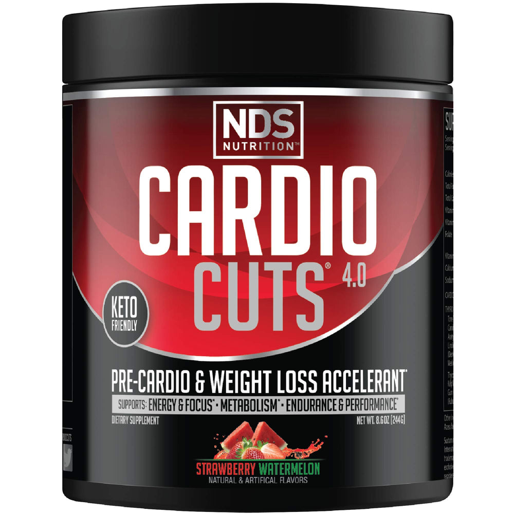 Cardio Cuts Strawberry Watermelon pre-workout bottle front boosts focus and energy for workouts