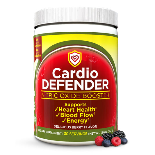 Cardio Defender berry-flavor powder stirred in water for daily energy and circulation.