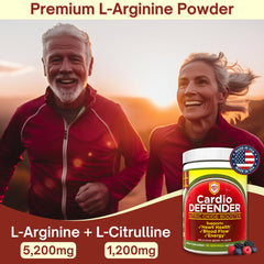 Cardio Defender bottle on table with berry-flavored powder ready to use.
