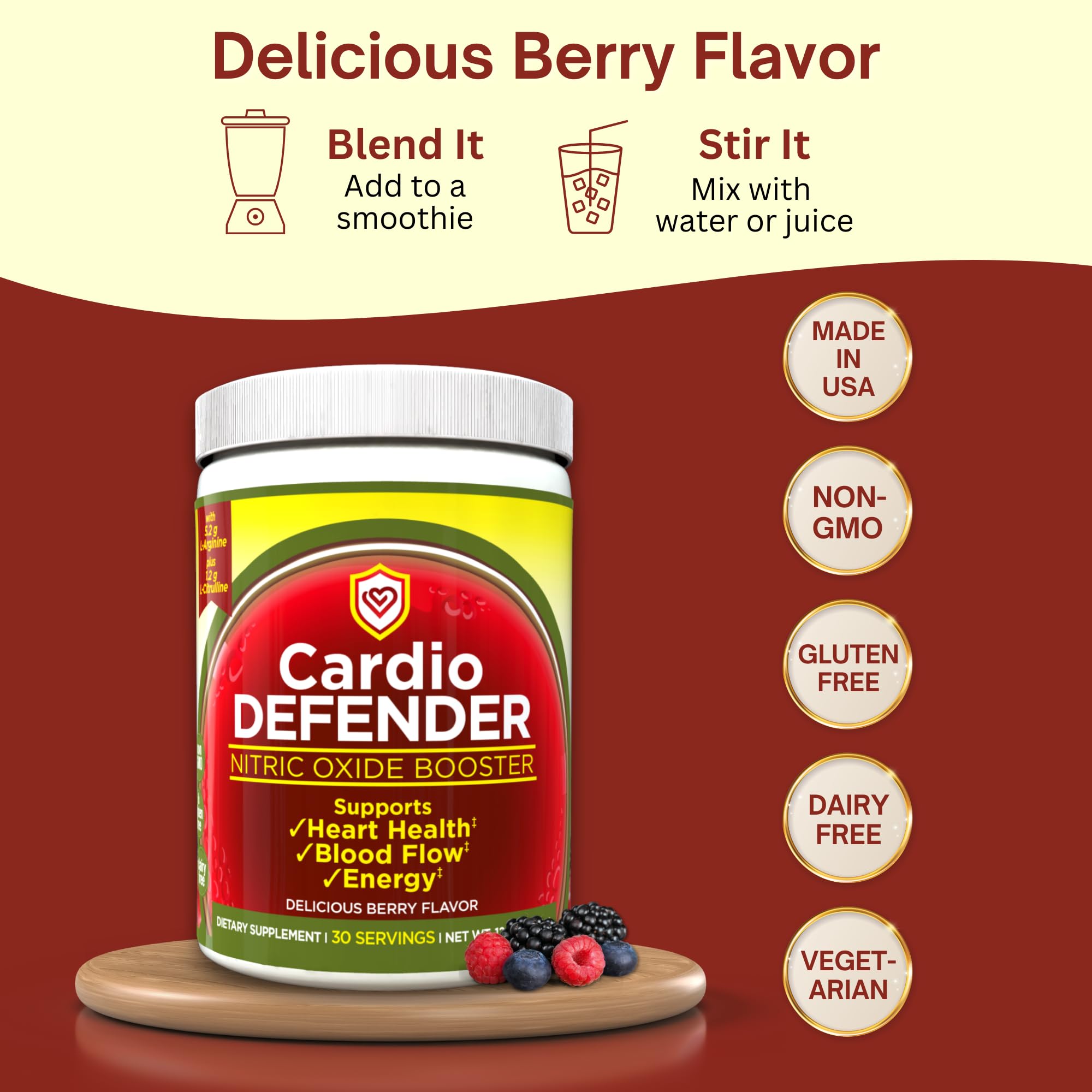 Cardio Defender packaging shows non-GMO, vegetarian, gluten-free, dairy-free attributes.