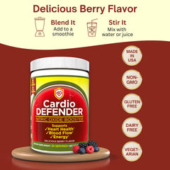 Cardio Defender packaging shows non-GMO, vegetarian, gluten-free, dairy-free attributes.