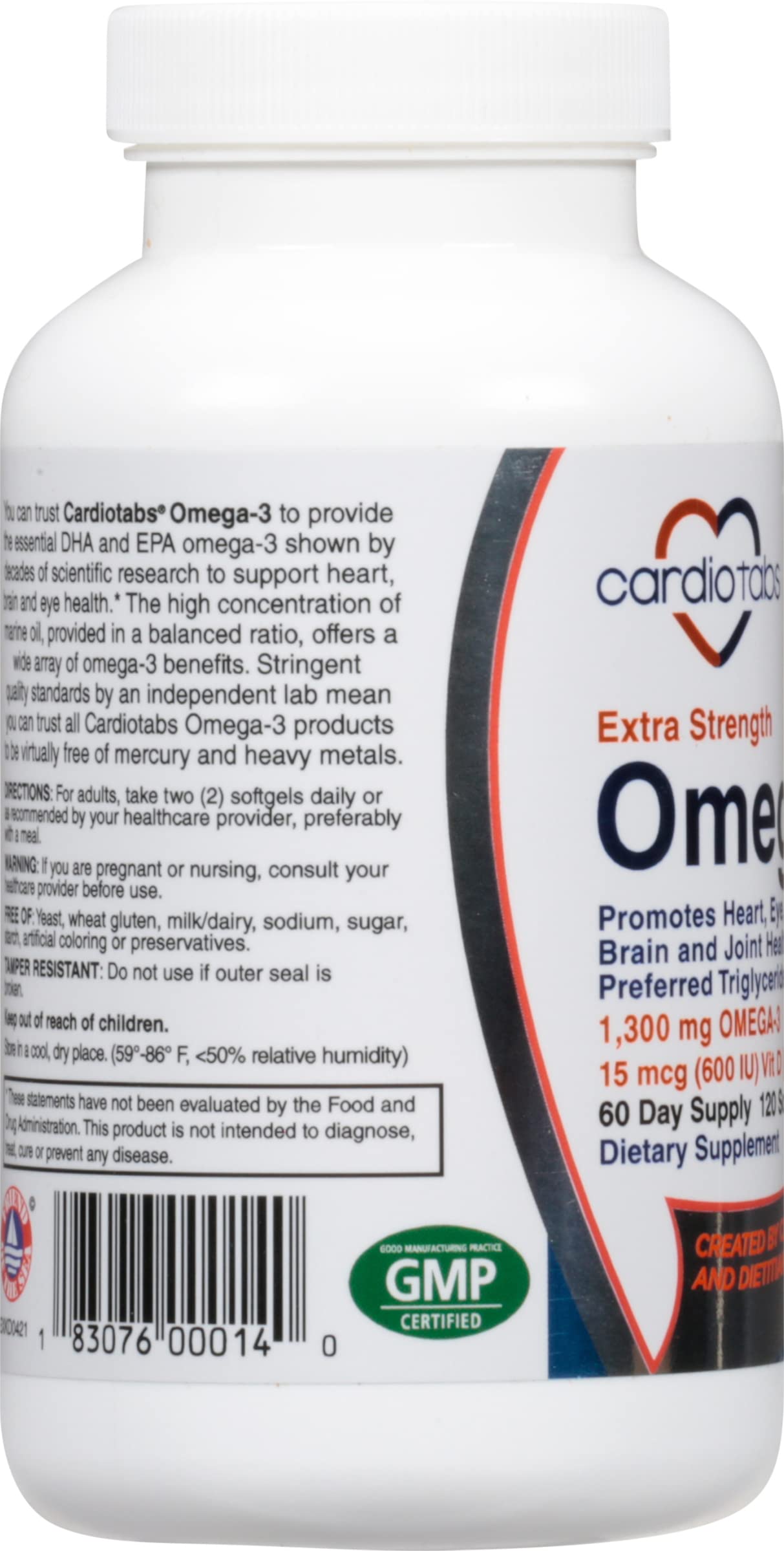 CardioTabs bottle back label showing vitamin D3 content and serving.
