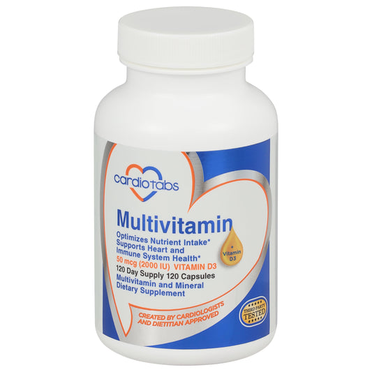 CardioTabs Multivitamin bottle front view highlighting a complete daily formula