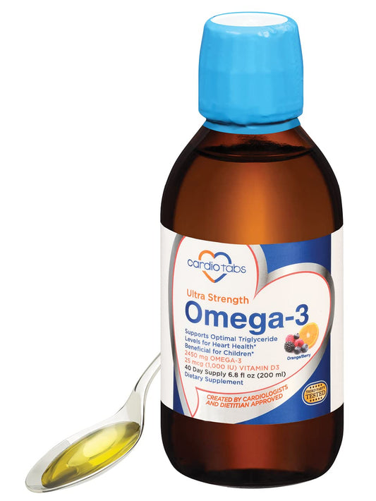 CardioTabs Ultra Strength Omega-3 bottle with D3 label for daily use.