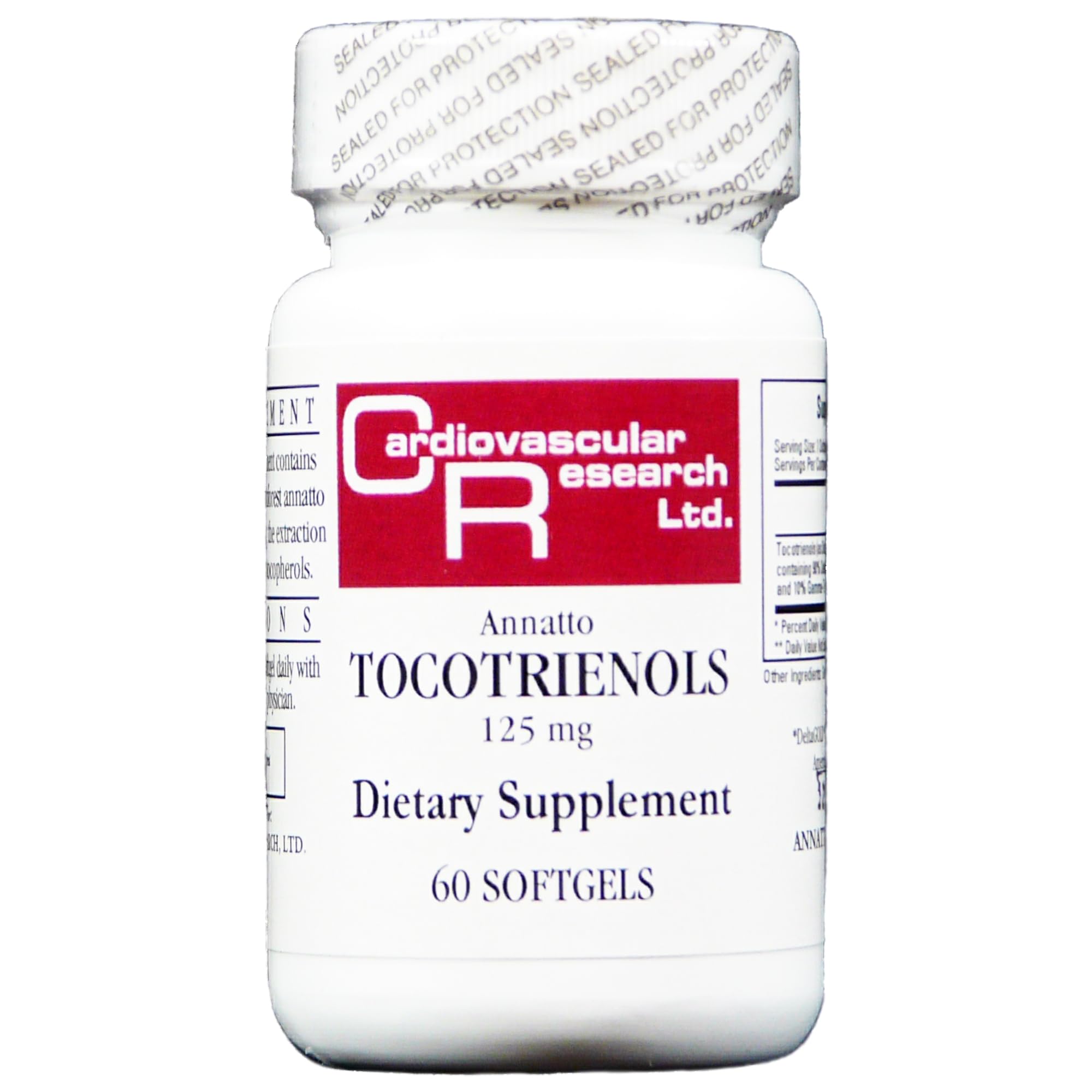 Cardiovascular Research Annatto Tocotrienols bottle highlights natural antioxidant support for vitality.