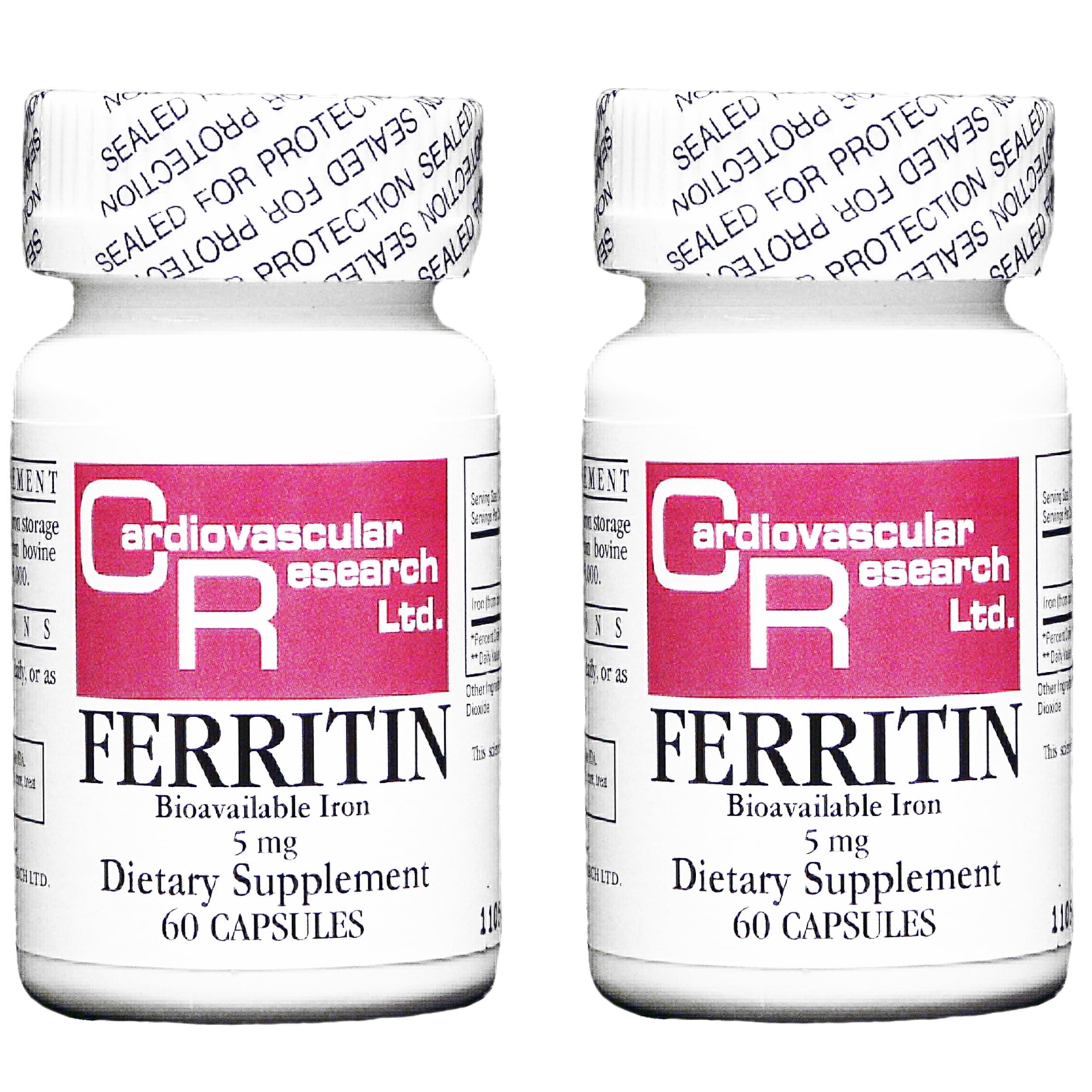 Cardiovascular Research Ferritin bottle front shows a trusted iron source for daily vitality.