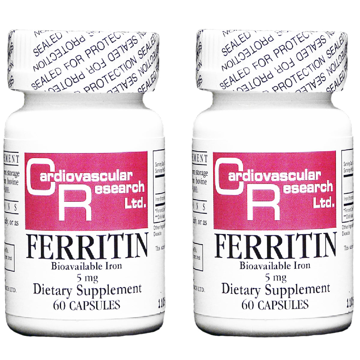 Cardiovascular Research Ferritin bottle front shows a trusted iron source for daily vitality.