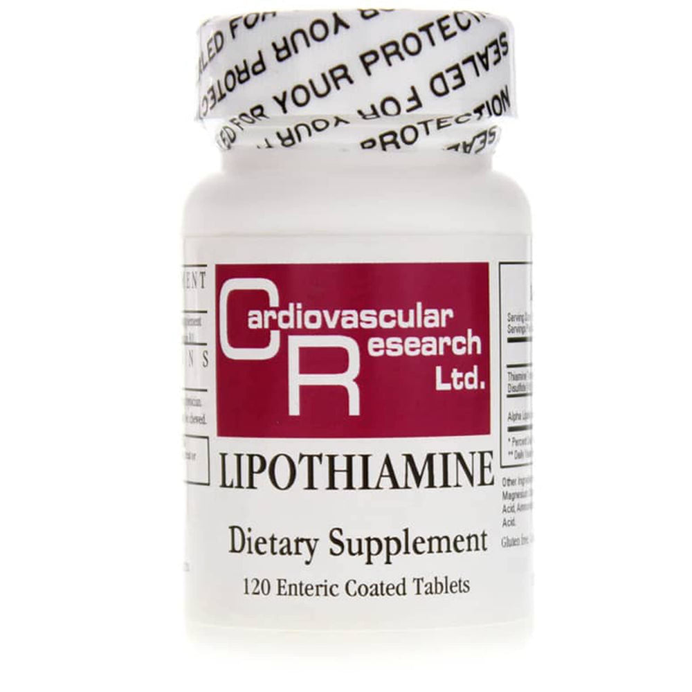 Cardiovascular Research Lipothiamine B bottle highlights high-bioavailability thiamine with alpha-lipoic acid for daily support