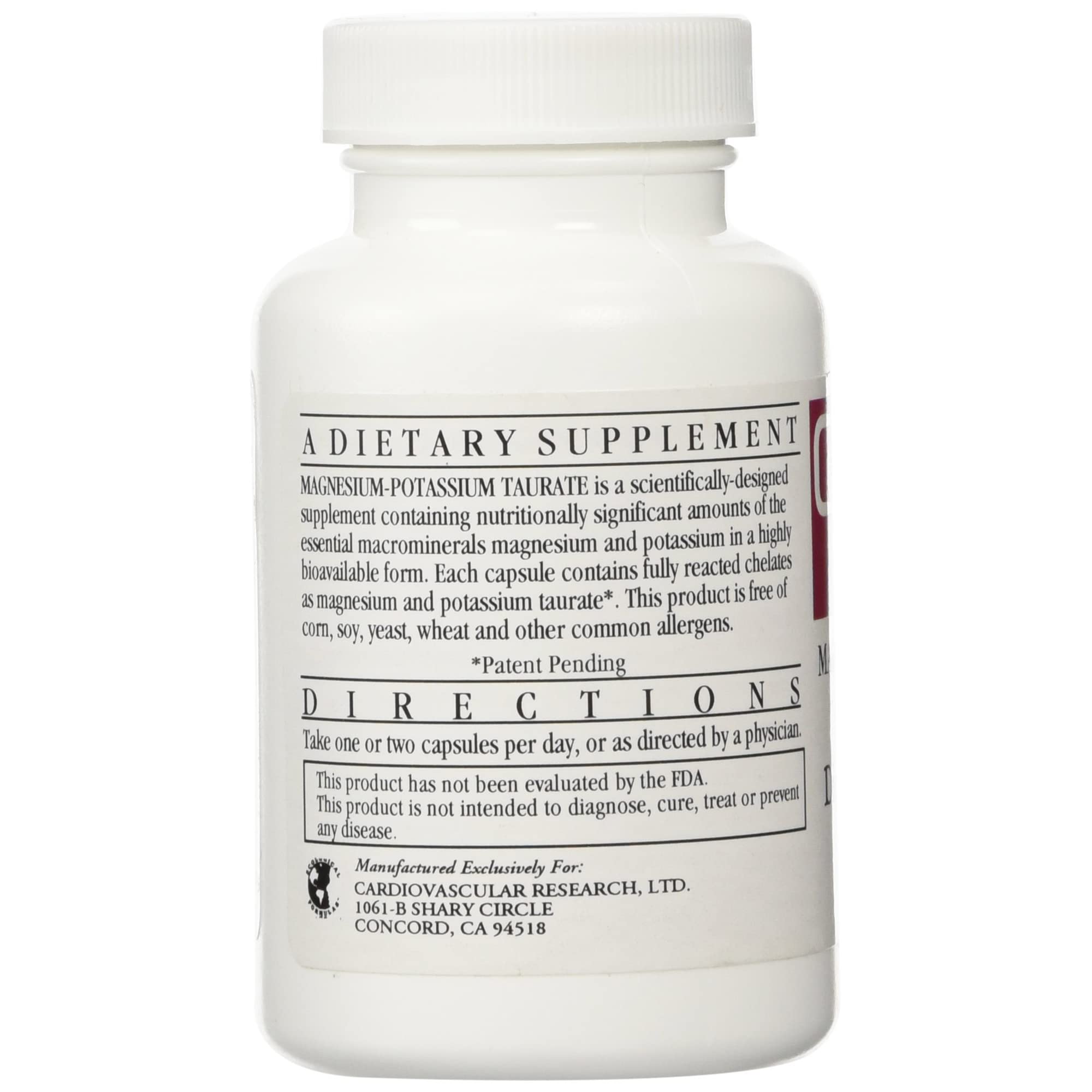 Cardiovascular Research Magnesium-Potassium Taurate capsules ready for easy daily dosing.